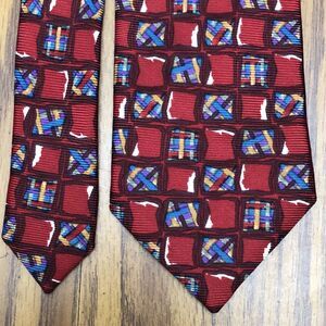 KRIZIA Uomo 100% Silk Necktie Italy Made Red Grid Multicolored Squares 57.5X3.75